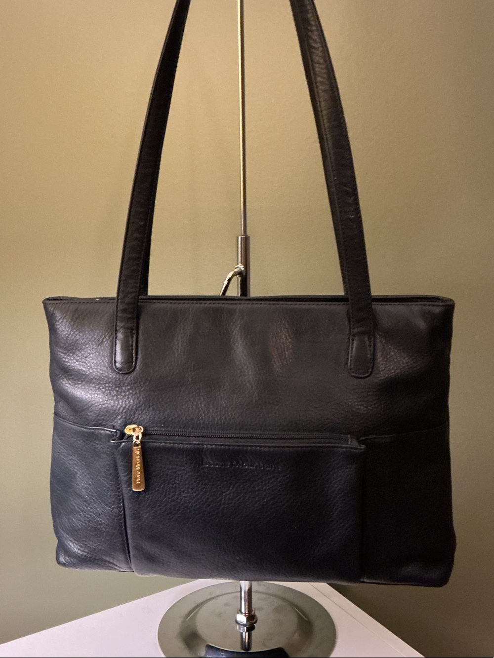 Stone Mountain Navy Leather Shoulder Tote Bag with Gold Zip Pull